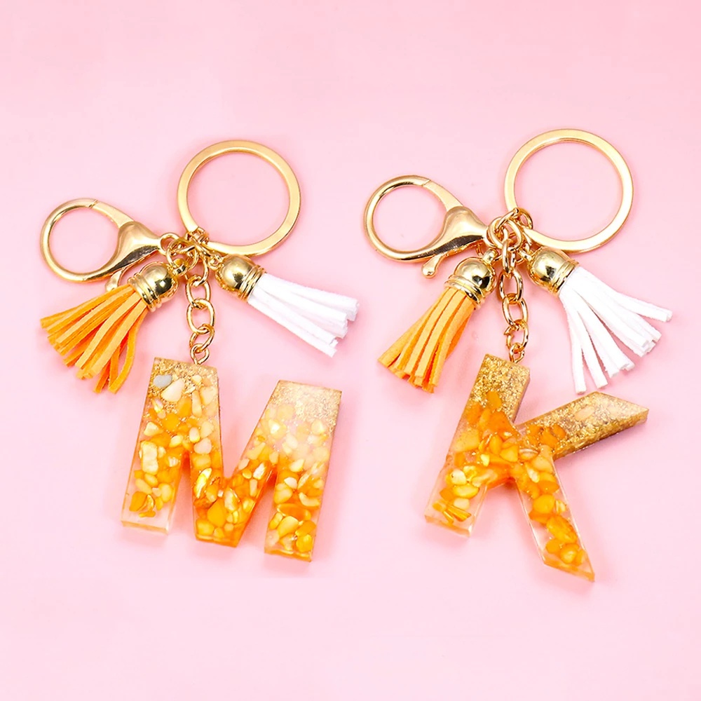 Móc Khóa Đính Đá Lá Vàng Hình Chữ Cái Từ A-Z Phối Tua Rua Thời Trang Cho Nữ
