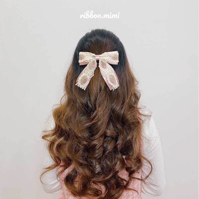 Kẹp Tóc Nơ Ren Handmade Họa Tiết Hoa Kem Hồng Cao Cấp Ribbon.mimi Rollin cột / kẹp