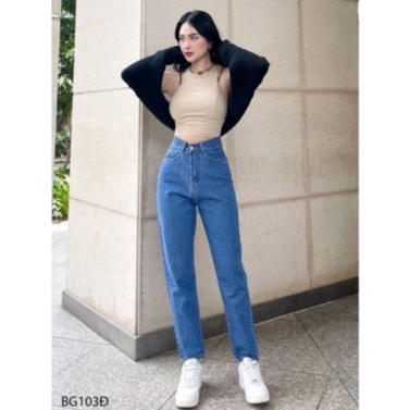 Quần baggy jeans trơn cạp cao màu xanh đậm chất vải bò dày đẹp cho nữ