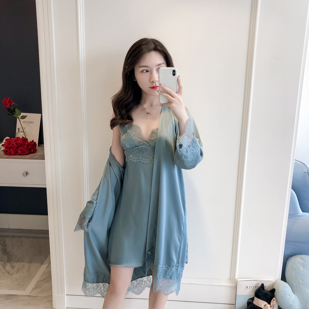 [HÀNG QUẢNG CHÂU |LOẠI 1] Sét Váy Ngủ Lụa 2 Dây Áo Choàng Ngủ Lụa Dài Nữ Giá Rẻ Đủ Màu Size(KÈM MÚT NGỰC TRẮNG). | BigBuy360 - bigbuy360.vn