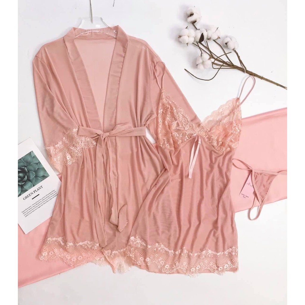 Váy ngủ ren hoa ngực kèm áo choàng ngủ quyến rũ (Màu Da) | BigBuy360 - bigbuy360.vn