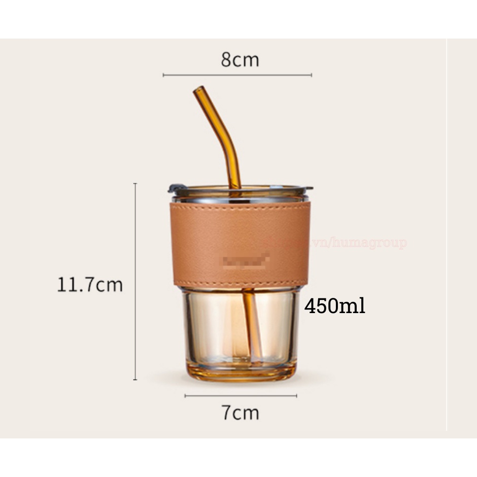 Ly Thủy Tinh Vỏ Da Có Nắm Kèm Ống Hút – Cốc Uống Nước Chịu Nhiệt Bọc Da 450ml