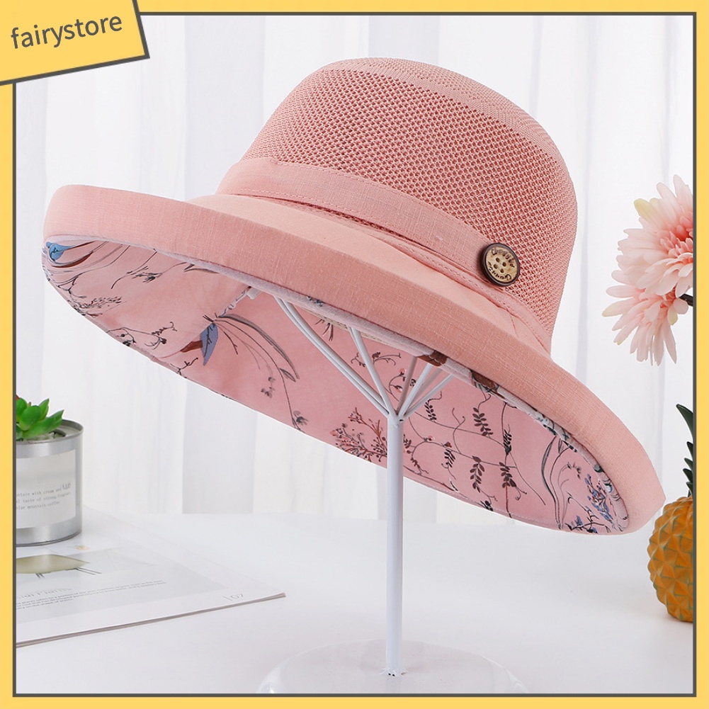 Mũ Bucket Thể Thao Vành Rộng Chống Nắng Đính Nút Họa Tiết Hoa Trang Trí Nội Thất Cho Nữ