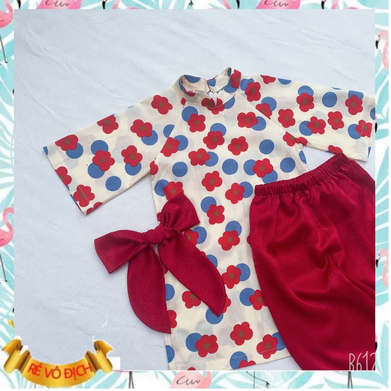 Áo dài bé gái Samkids  chất thô họa tiết hoa to, quần lụa đỏ cho bé từ 8 đến 23 kg phù hợp cho mùa hè