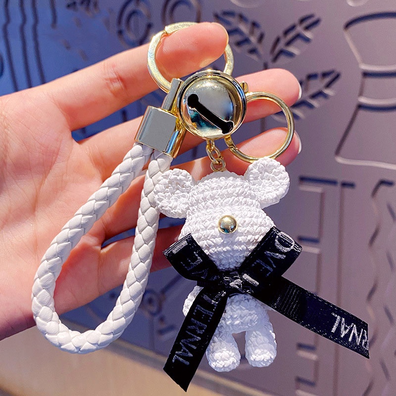 Móc khóa Bearbrick đeo nơ chất liệu PVC dây da nhiều màu sắc dễ thương trang trí balo túi xách, quà tặng bạn bè-Ráp