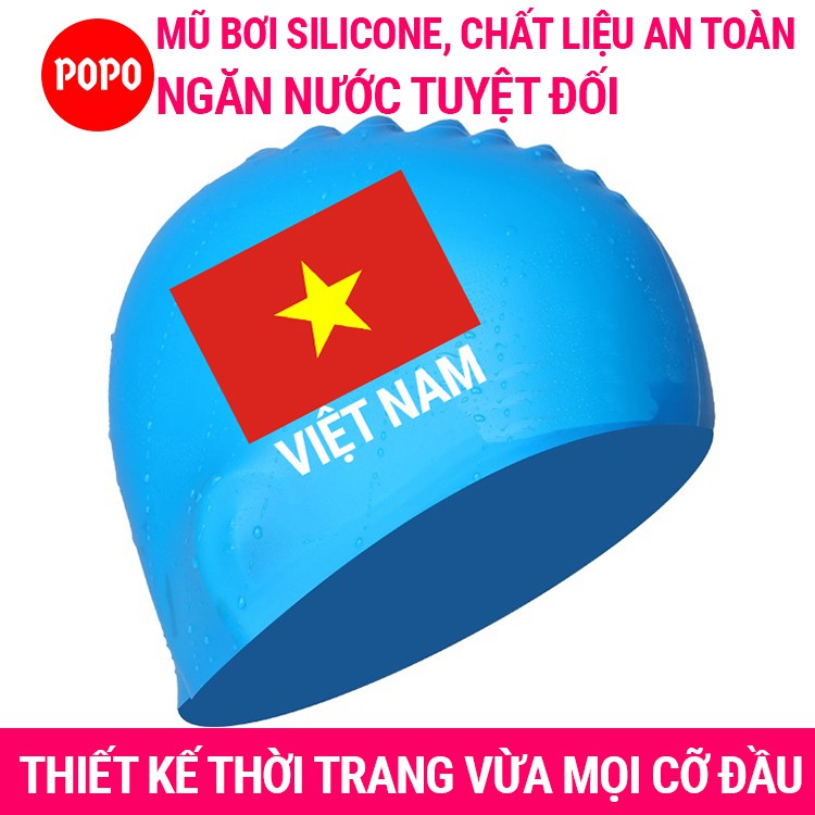 Mũ bơi người lớn silicone CA40 chính hãng POPO in Cờ Việt Nam nón bơi người lớn (nam, nữ) ngăn nước dùng thi đấu tập bơi