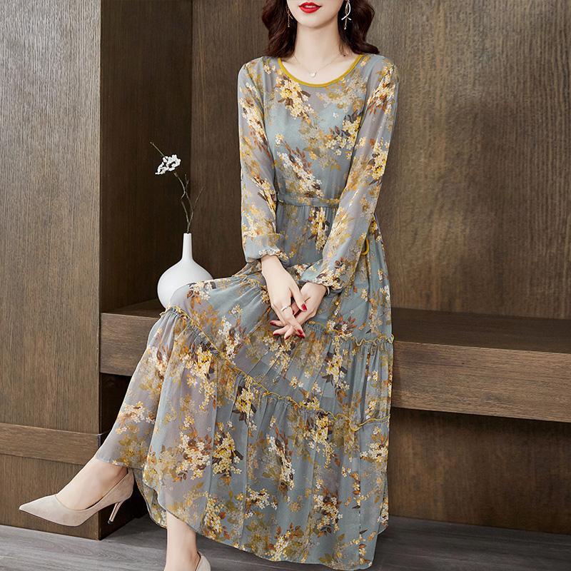 Đầm Lụa Dài Tay In Họa Tiết Thời Trang Mùa Thu Dành Cho Nữ