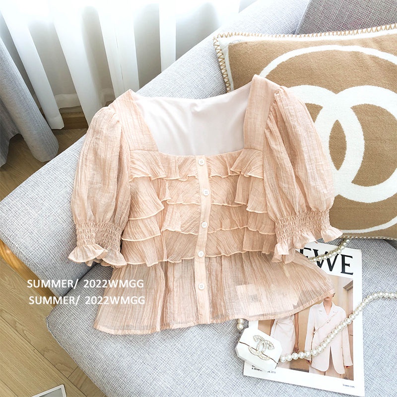 Áo Chiffon Tay Ngắn Cổ Vuông Thời Trang Mùa Hè Cho Nữ
