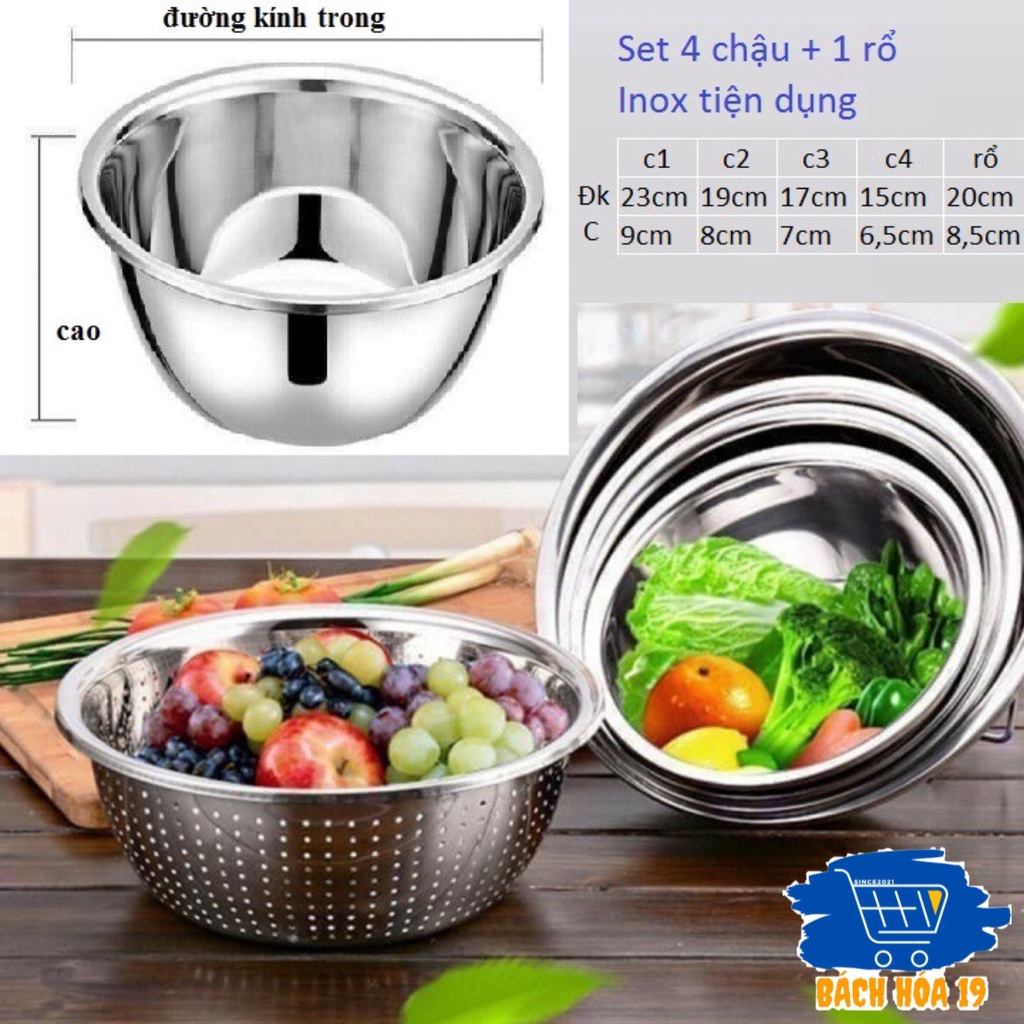 [Bộ 5 thau rổ Inox] Set 5 món thau rổ inox 304 cao cấp-HÀNG CHẤT LƯỢNG