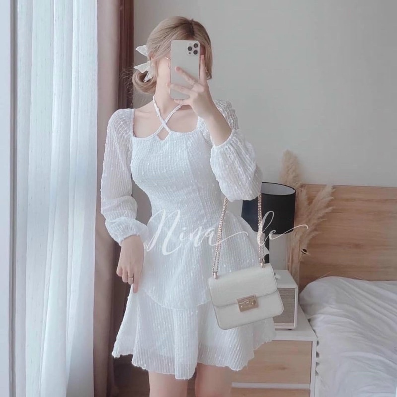 Đầm Váy Nữ Dáng Xòe Mini Dự Tiệc Cưới, Dạo Phố Thiết Cổ Yếm Phân Tầng Sang Chảnh (HÀNG SHOP) Thời Trang Xm Minh Phúc