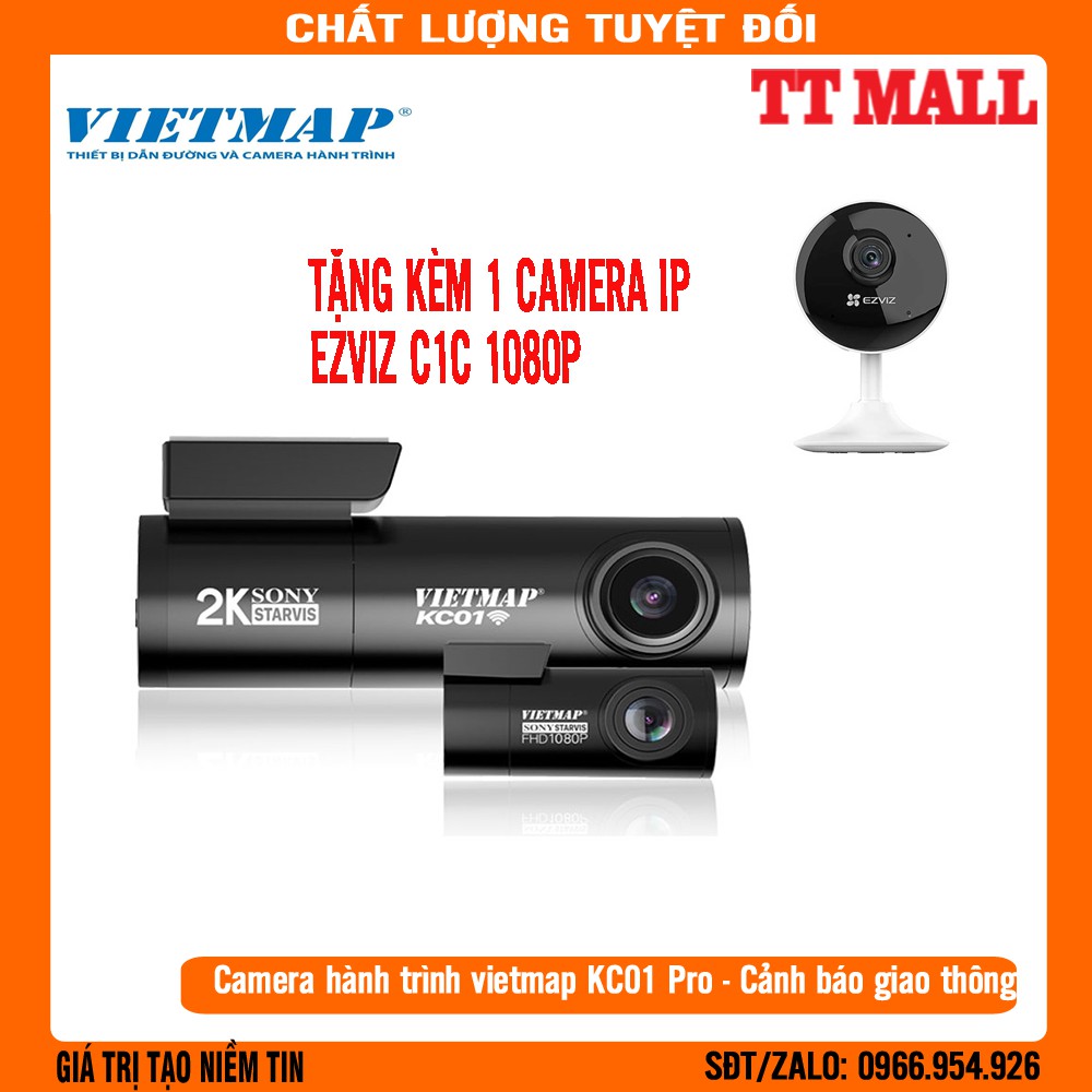 {Tặng camera IP Ezviz C1C 2.0} Camera hành trình Vietmap KC01 Ghi hình cam trước SUPER HD (2K) - Cam Sau FULL HD 1080P