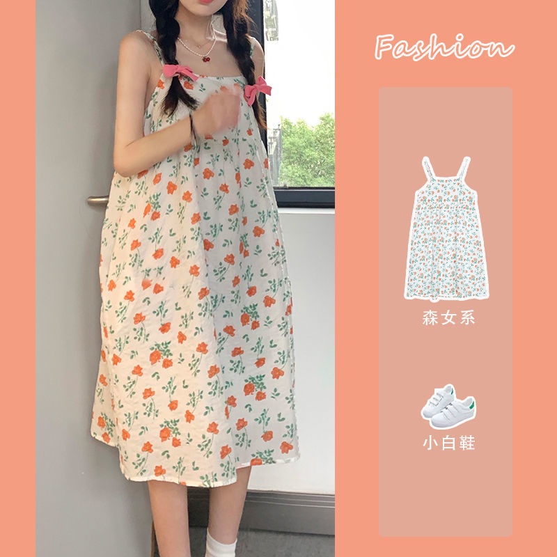 Đầm hai dây dáng rộng họa tiết hoa phong cách Nhật Bản thời trang xinh xắn cho nữ