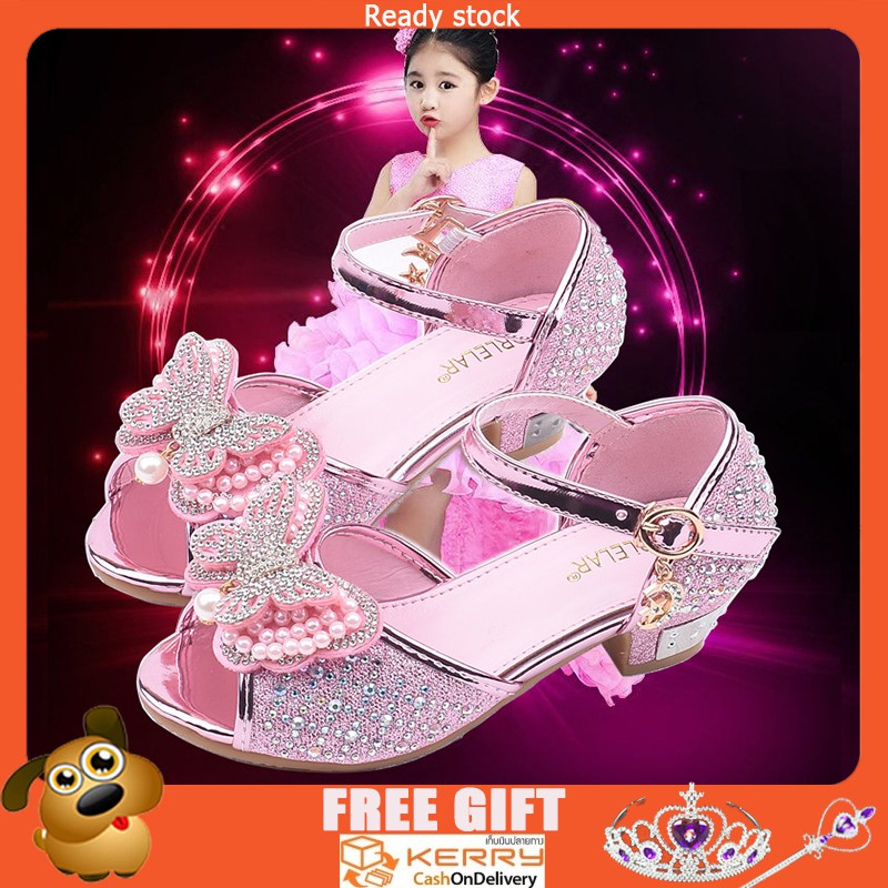 Đôi giày công chúa gót cao đính hoa và pha lê phong cách Âu Mỹ cho bé gái