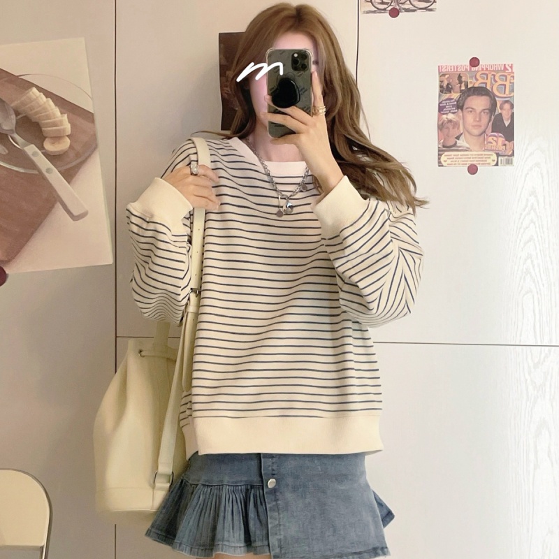 SUXI Áo Sweater Tay Dài Cổ Tròn Vải Mỏng Kẻ Sọc Phong Cách Thể Thao Cổ Điển Kiểu Hàn Thời Trang Mùa Thu Cho Bạn Nữ