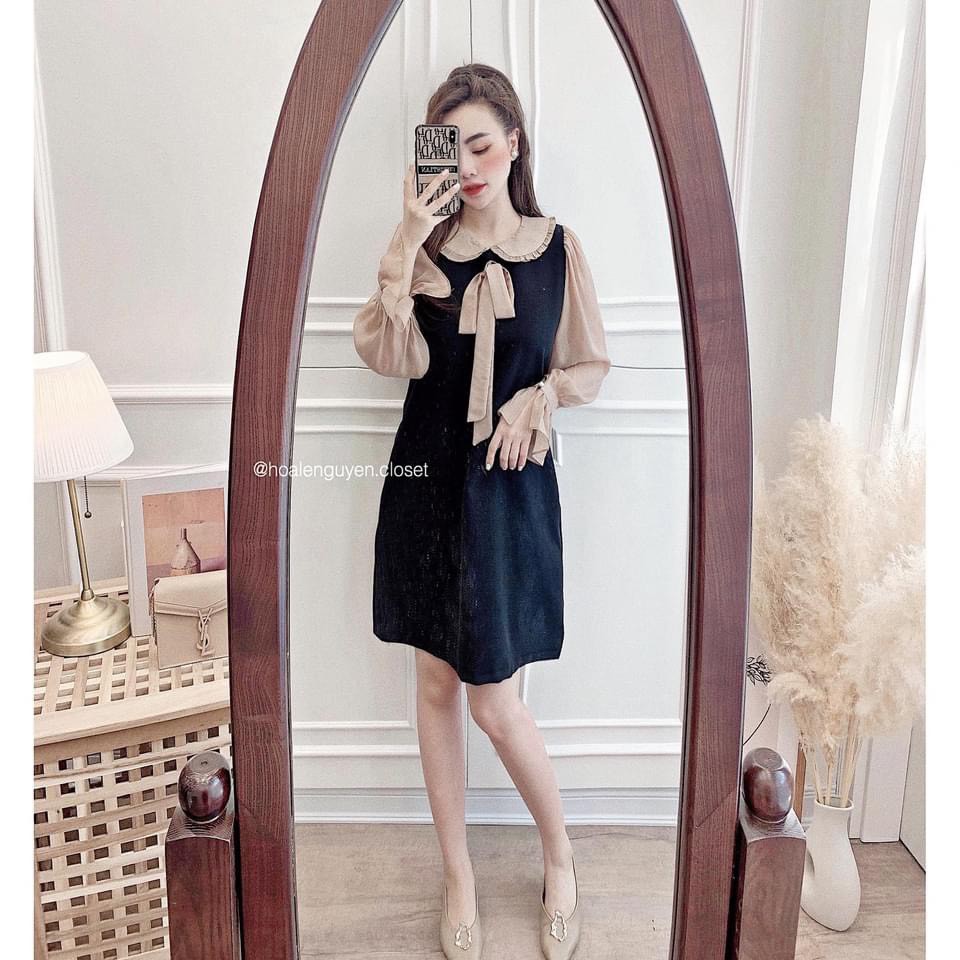 BÁN SỈ VÁY SUÔNG ĐEN CỔ NƠ BE CHO NỮ VN01