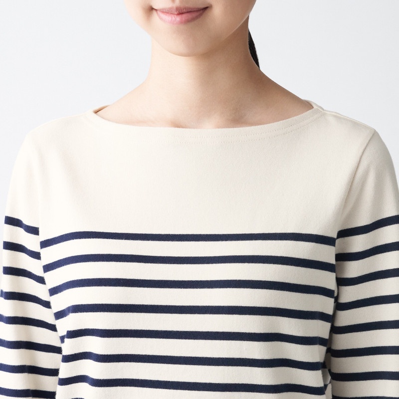 Muji Áo Thun Vải Jersey Sợi Dày Dài Tay-Sọc