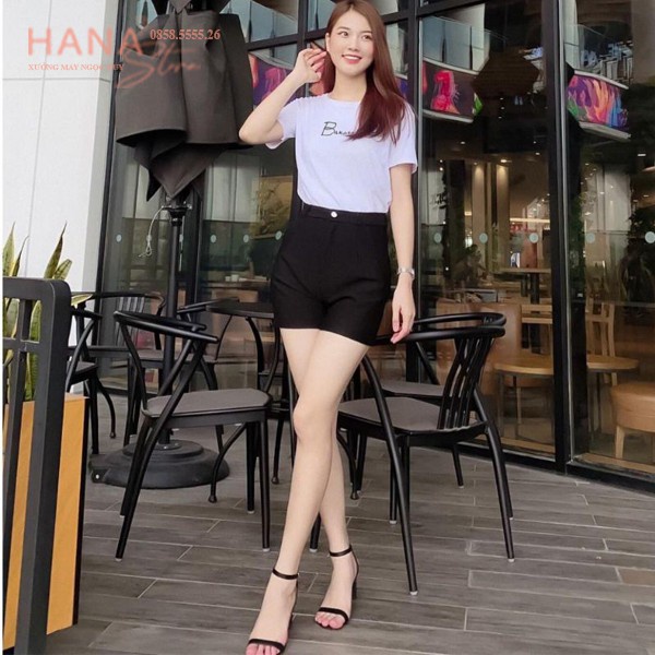 Quần short tuyết mưa 1 ly có túi khóa khuy cài đai thắt lưng ôm đùi mông màu Đen - Cạp lưng eo cao - Vải tuyết mưa