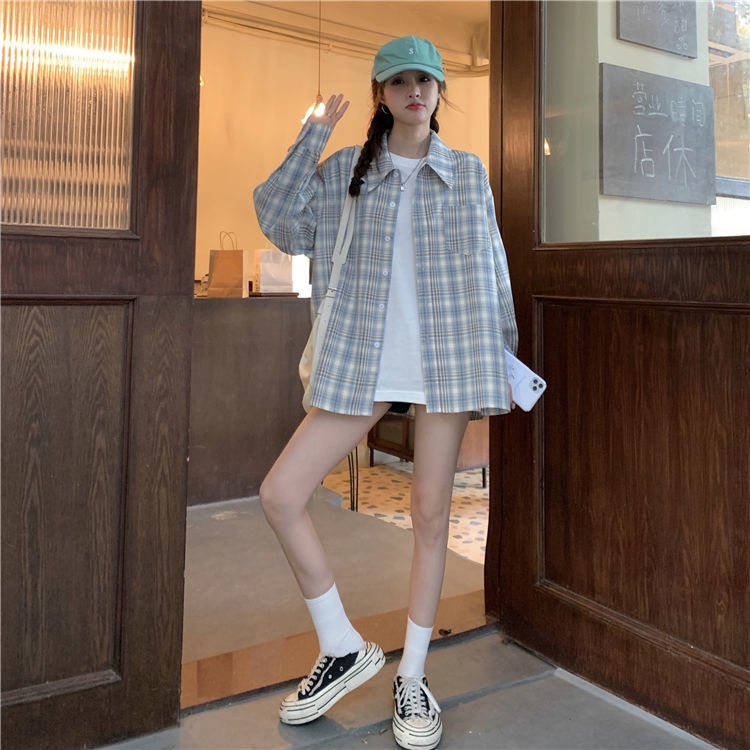 Áo Sơ Mi Caro Tay Dài Dáng Rộng Phong Cách Hàn Quốc Cho Nữ