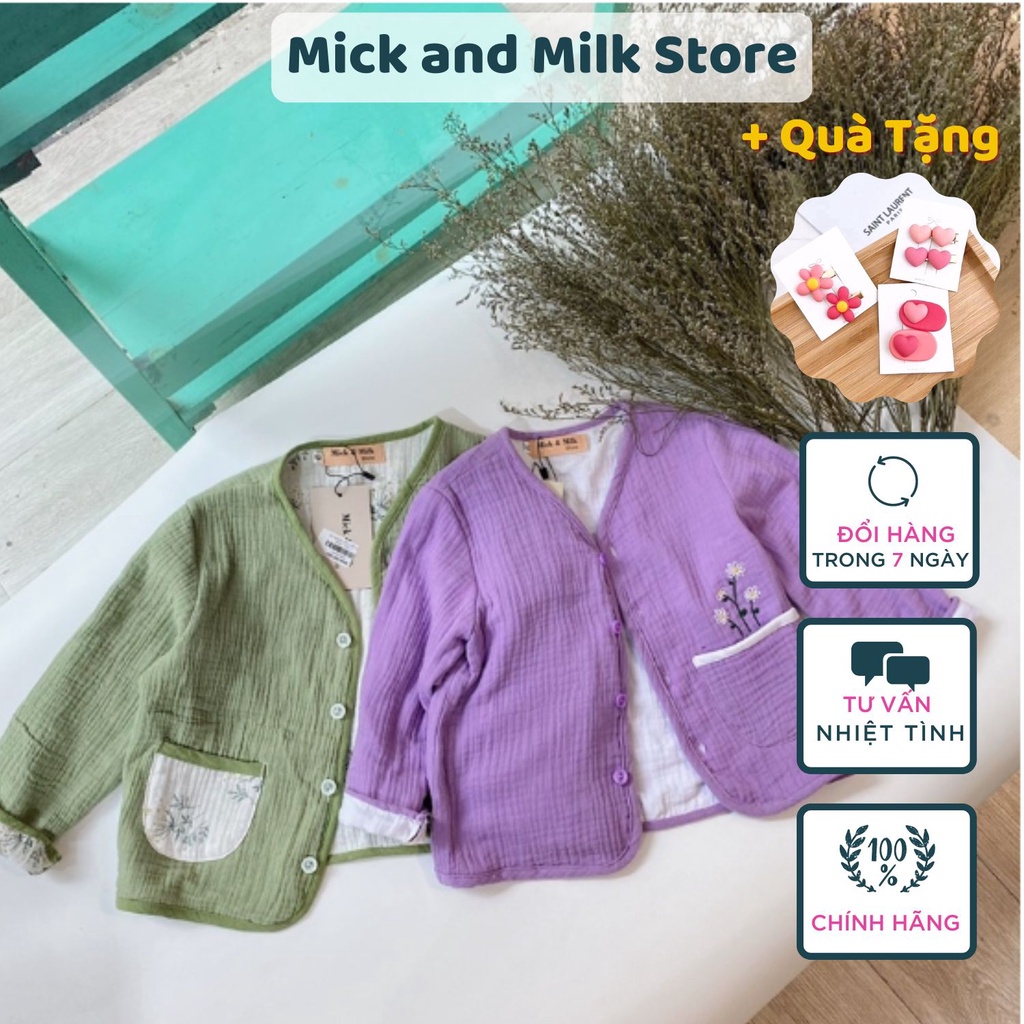 Áo Khoác Cardigan Thời Trang Cho Bé Gái Mick and Milk 1,2,3,4,5,6 tuổi, Áo Khoác Chất Xô Muslin Giữ Ấm Mùa Thu Đông