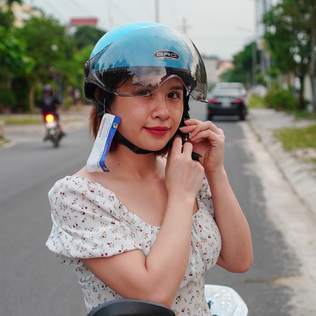 Mũ Bảo Hiểm Nửa Đầu GRO Helmet có kính che nửa mặt, kiểu dáng thời trang, khóa kim loại chắc chắn - Xanh Dương