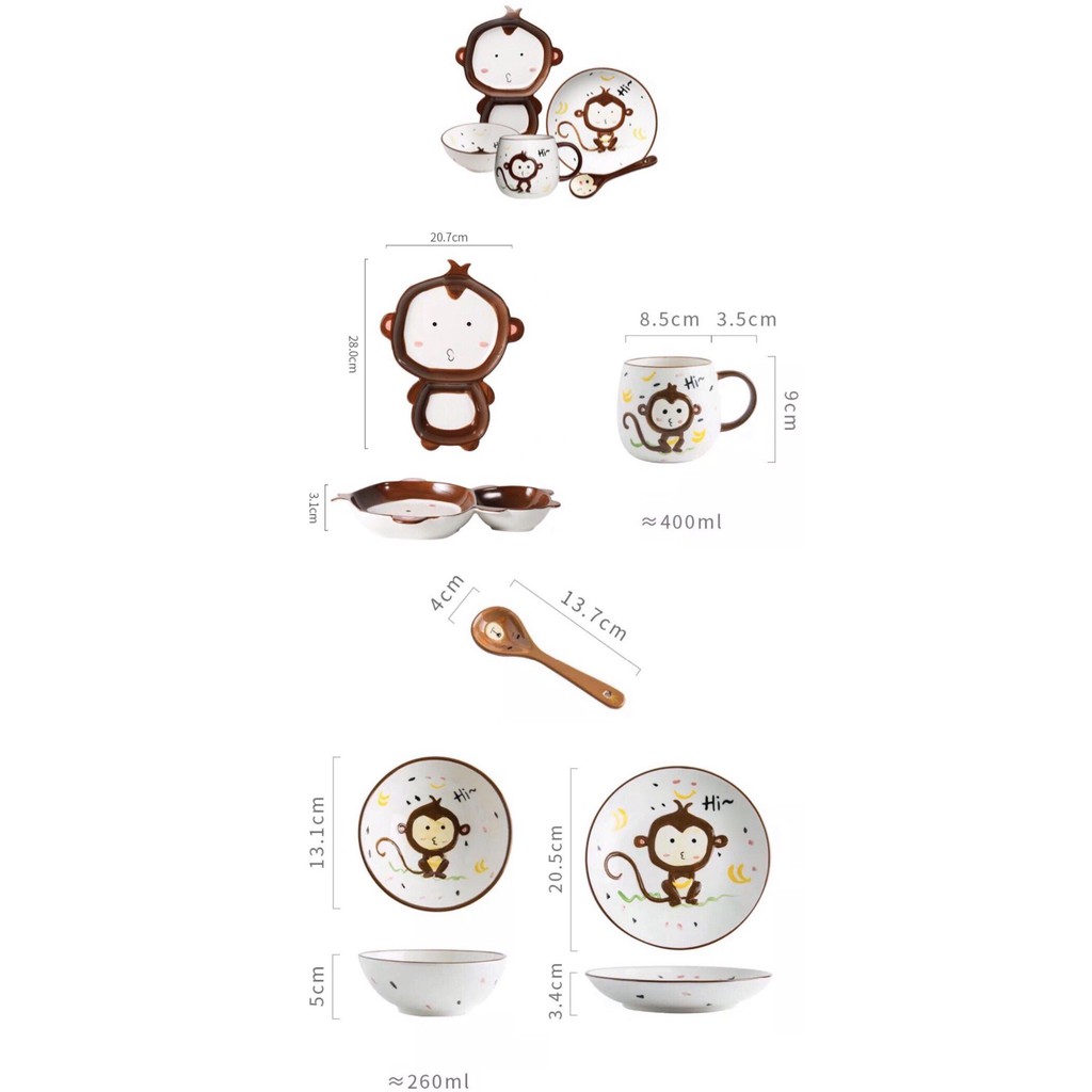 Bát đĩa thìa hình thú dễ thương, set ăn dặm cho bé bằng sứ cute, dụng cụ ăn dăm cho bé: 5.14