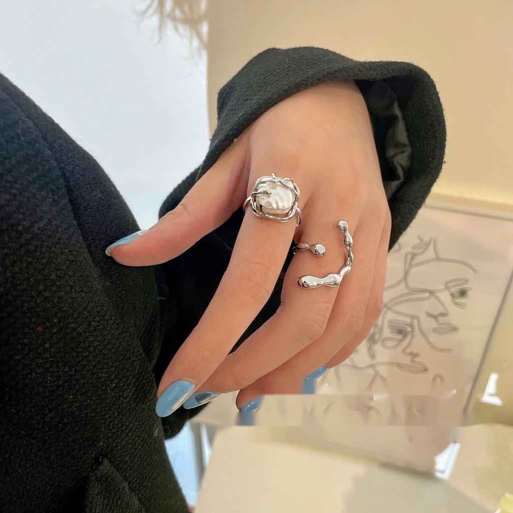 Nhẫn Kim Loại Đính Hạt Ngọc Trai Hình Vuông Phong Cách Hàn Quốc