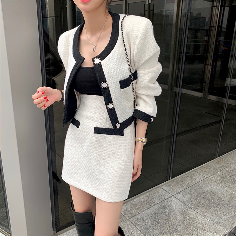 Set Áo Khoác Viền Tương Phản + Chân Váy LSEOUL B1018 Chất Dạ Tweed Dày Dặn Thanh Lịch