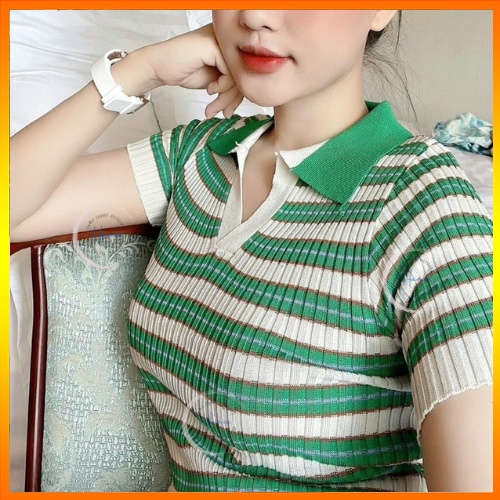 Áo Len Mùa Hè Ngắn Tay Có Cổ Họa Tiết Kẻ Sọc Dáng Ôm Trẻ Trung Cá Tính Hanva