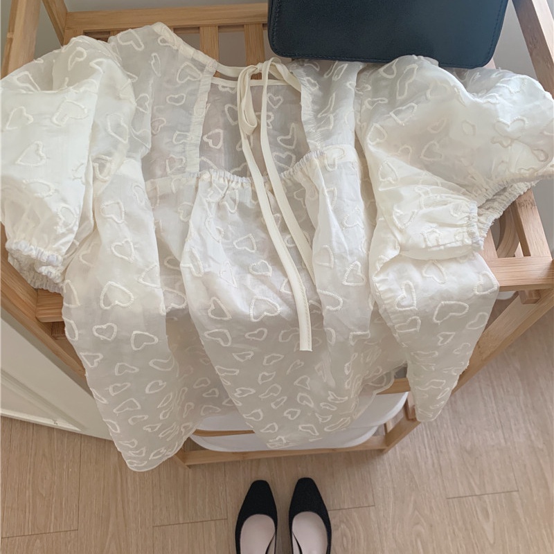 SUXI Áo Thun Tay Ngắn Cổ Tròn Trong Suốt Thêu Hình Trái Tim Nhỏ Màu Trơn Phong Cách Hàn Quốc Mùa Hè