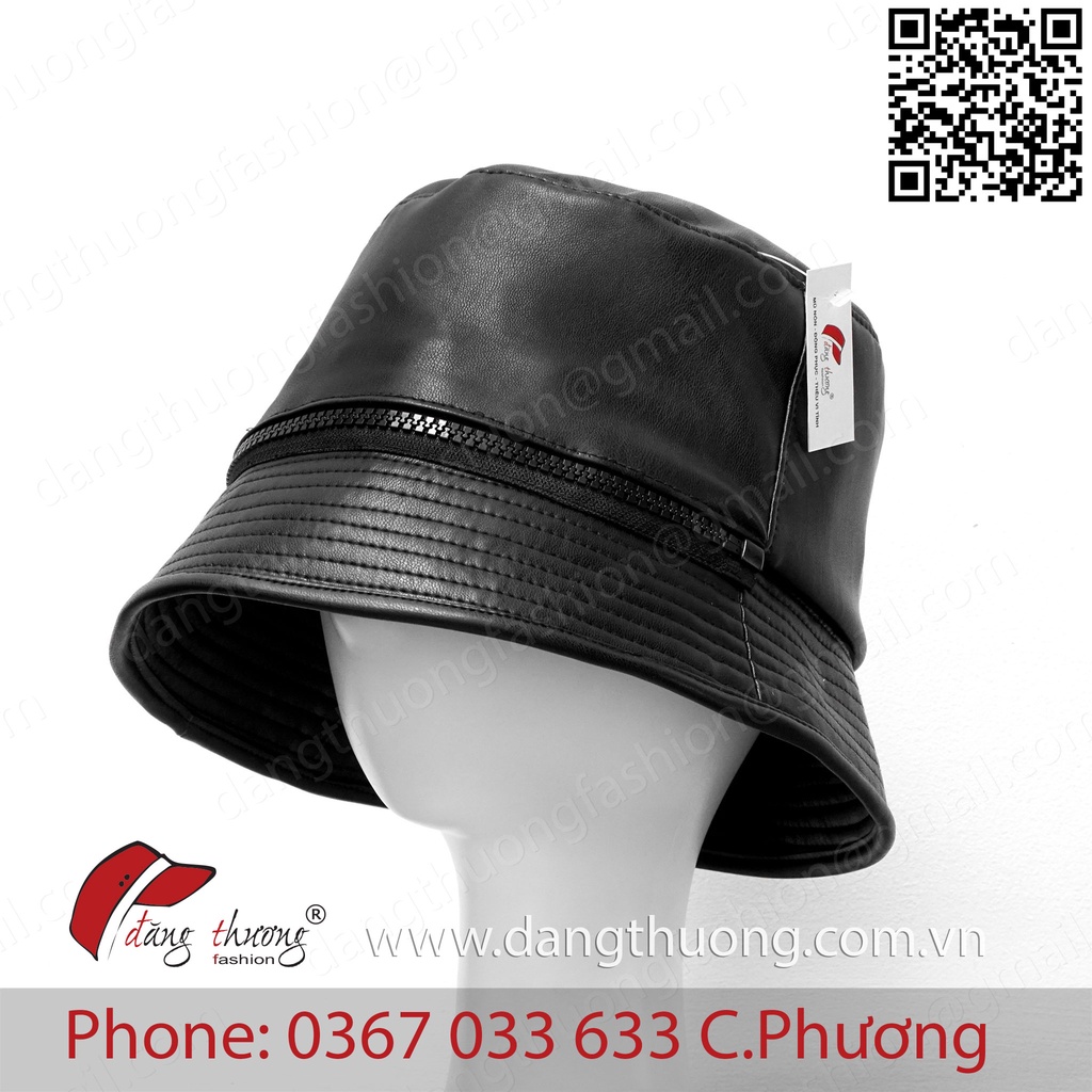 Mũ nón bucket Da Pu đen phối dây kéo bucket zipper