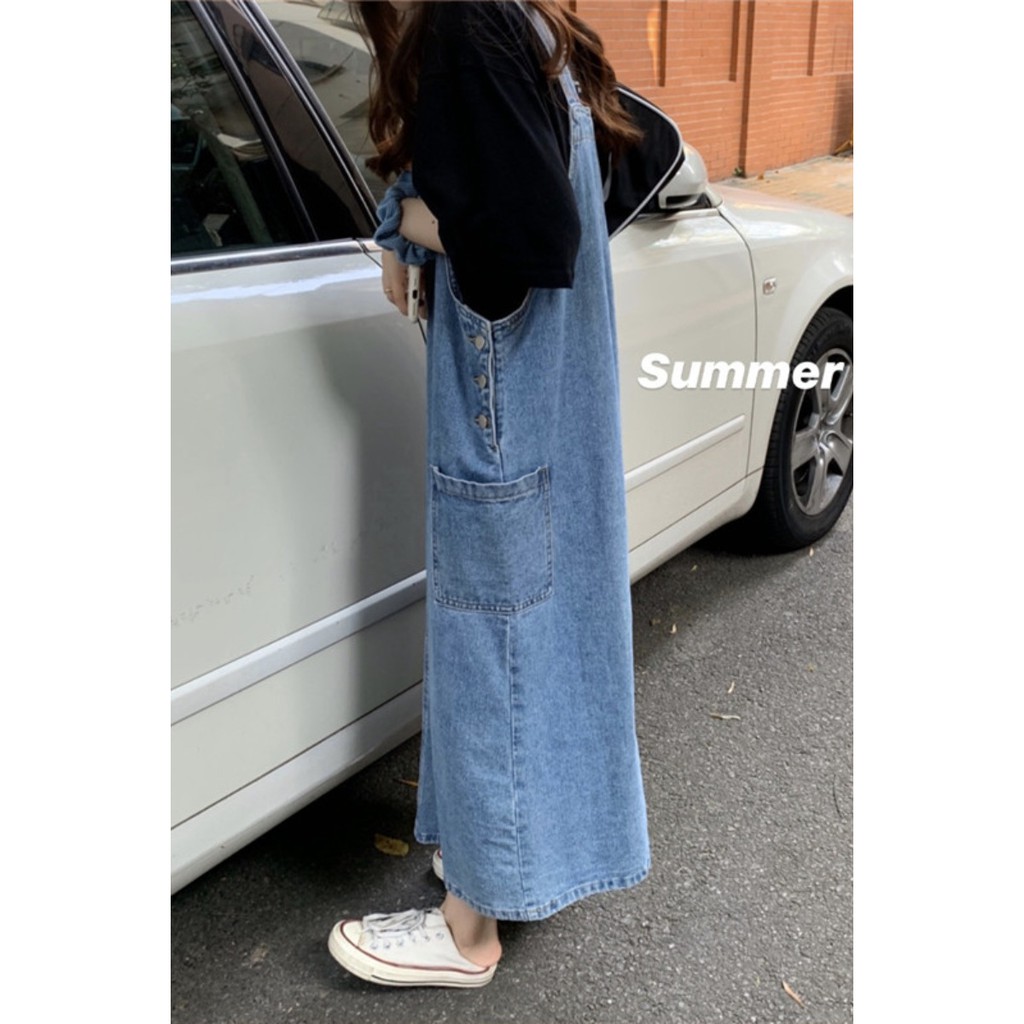 (ORDER) Váy yếm denim dáng suông dài 3 túi style vintage Hàn Quốc trẻ trung đáng yêu - Có ảnh thật