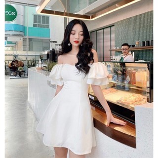 Đầm trắng rớt vai tay bèo 2 lớp