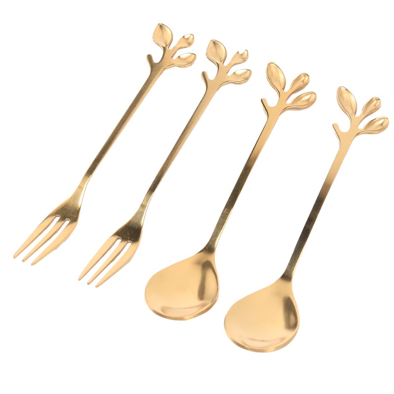 Tableware Gold Leaf Coffee Spoon Fork,4 Pack(2 Spoons 2 Forks) Little Demitasse Espresso Spoon and Appetizer Dessert Forks Set,4.7 Inches Tea Spoon Set