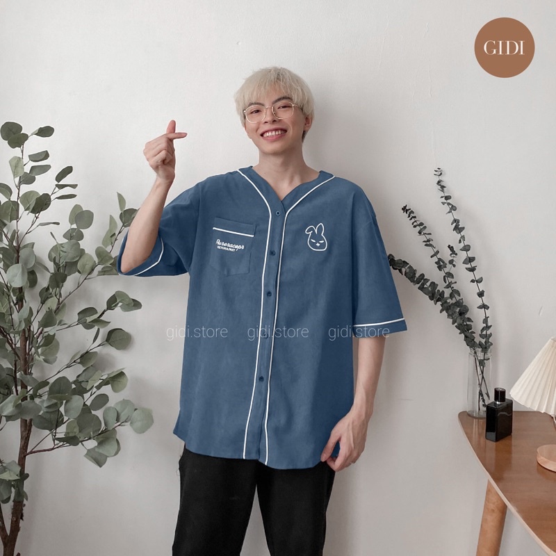 Áo Sơ mi BUNNY tay lỡ Nam Nữ Unisex thêu thỏ viền OVERSIZE - cổ chữ V form rộng vải nhung tăm thoáng mát, không nhăn