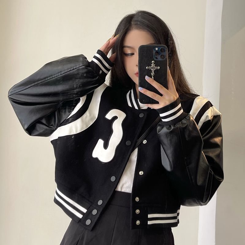 Áo Bomber Croptop Nỉ Phối Tay Da Chữ C Áo Khoác Nữ Dáng Ngắn Dài Tay Phối Màu Đen Trắng Freesize