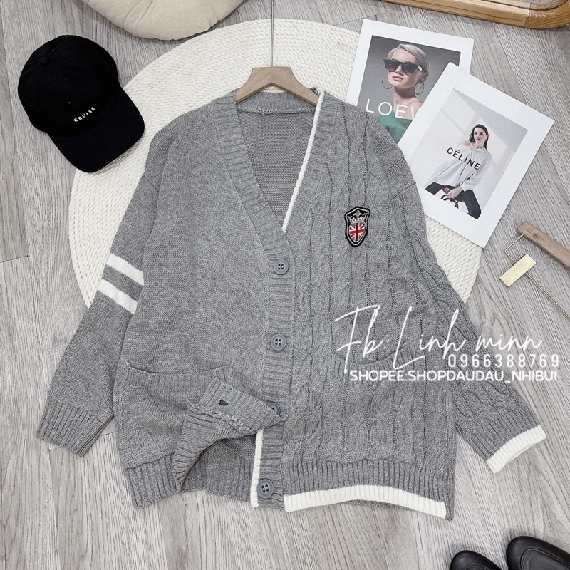 Áo khoác cadigan len xám huy hiệu siêu đẹp | BigBuy360 - bigbuy360.vn