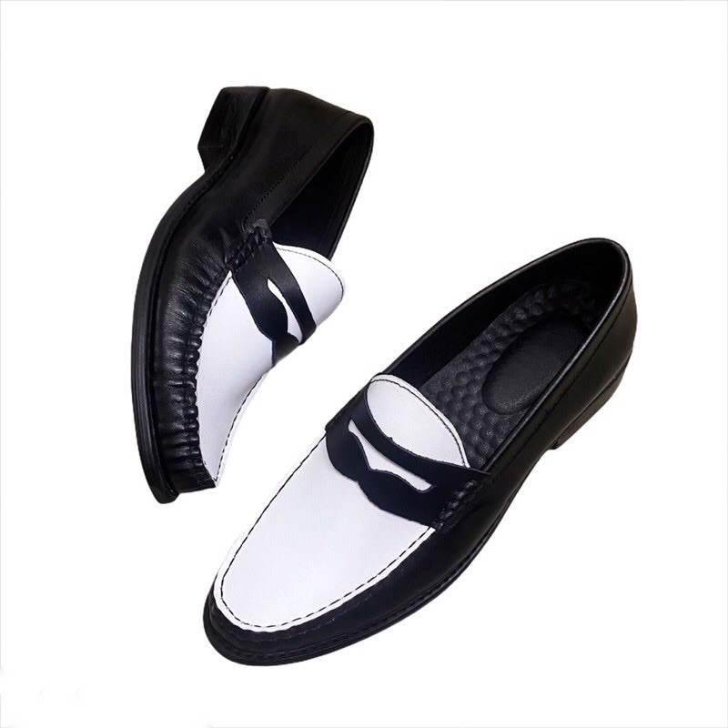 [ HÀNG CAO CẤP XẢ KHO ] GIÀY TÂY NAM DA THẬT 100% - PENNY LOAFER ĐEN TRẮNG-HOT TREND-TĂNG CHIỀU CAO