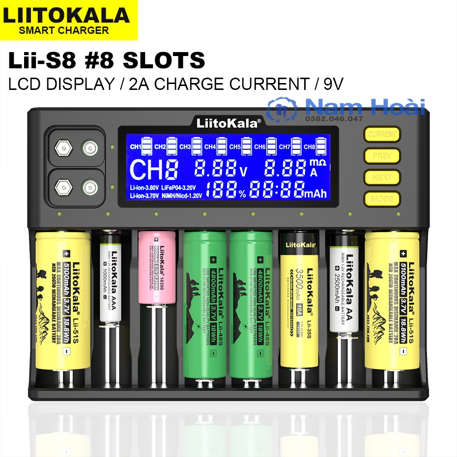 Bộ sạc pin Liitokala Lii-S8 8 khe cắm sạc cho pin 9V 18650 26650 21700 26700 AA AAA...