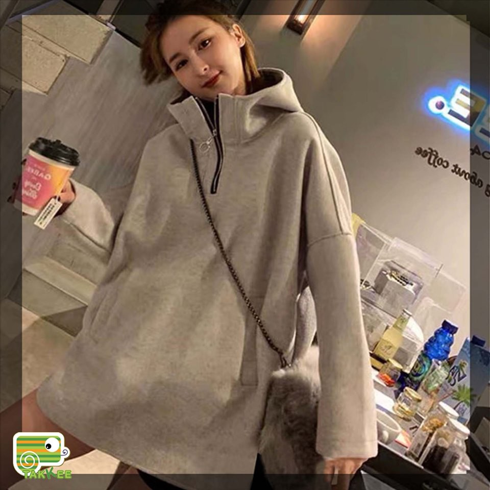 ÁO NỈ BÔNG ÁO HOODIE DÁNG RỘNG KHÓA NGỰC PHONG CÁCH TRẺ TRUNG