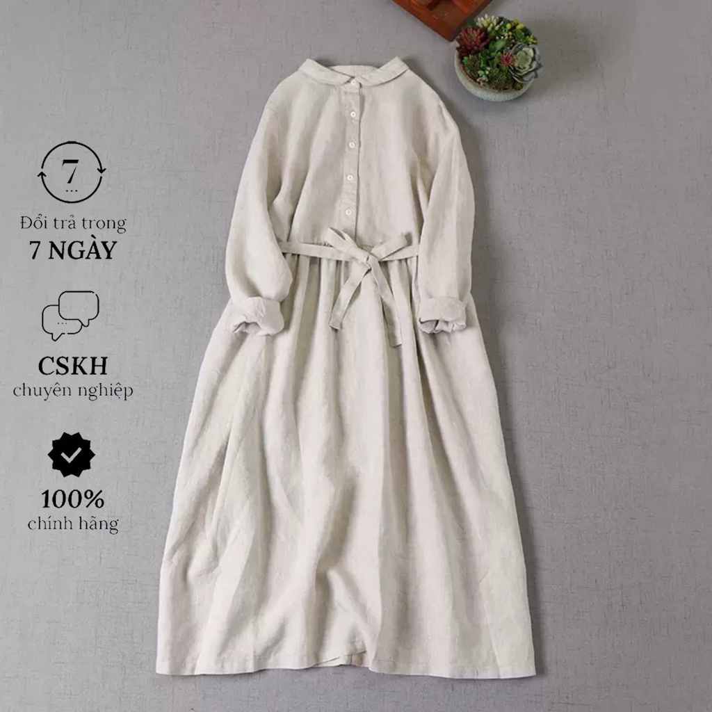 Váy Sơ Mi Thắt Eo Dáng Dài Đầm Suông  Dài Tay Vintage Ulzzang Hàn Quốc