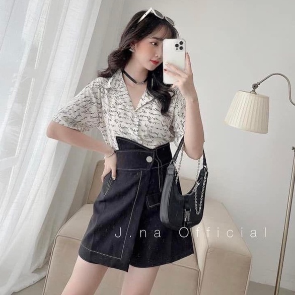 Set áo sơ mi chữ kí mix quần short giả váy ngắn TH118
