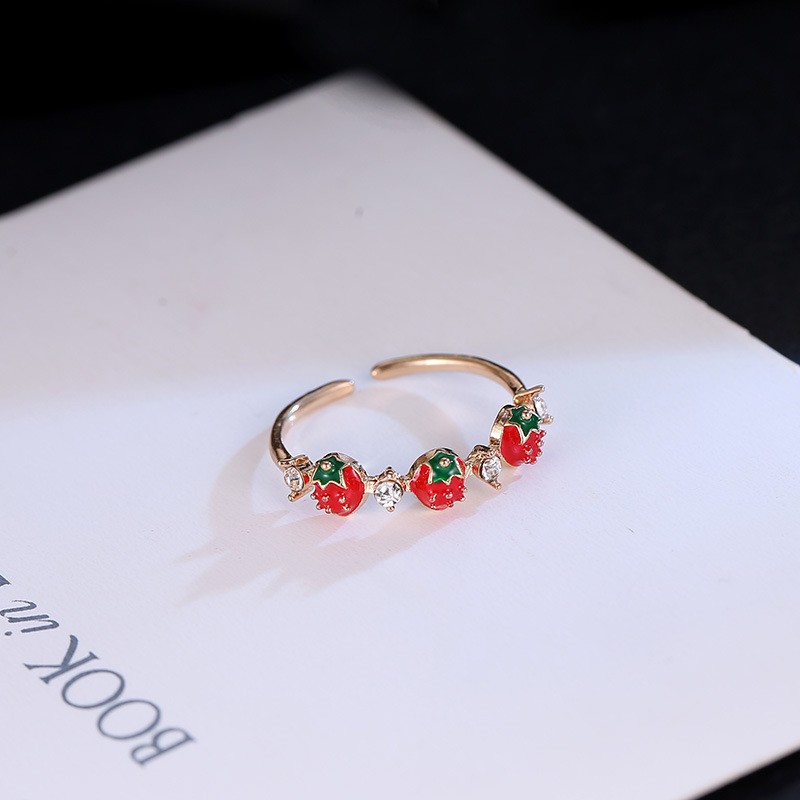 Cute Korean Red Strawberry Ring with Diamonds Fashion Accessory Ring