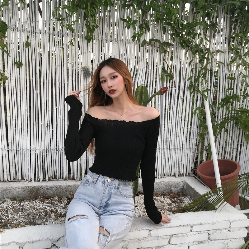 Gaeul Store Áo Croptop  Dệt Kim Tay Dài Màu Trơn Phong Cách Hàn Quốc