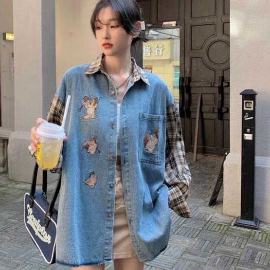 ZHELIHANGFEI Áo Khoác Sơ Mi Denim Tay Dài Dáng Rộng Kẻ Sọc Kiểu Retro Cá Tính