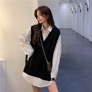 Kumivn SẴNSet áo sơ mi kẻ và áo len gile vest màu đen kiểu Ulzzang Hàn Quốc
