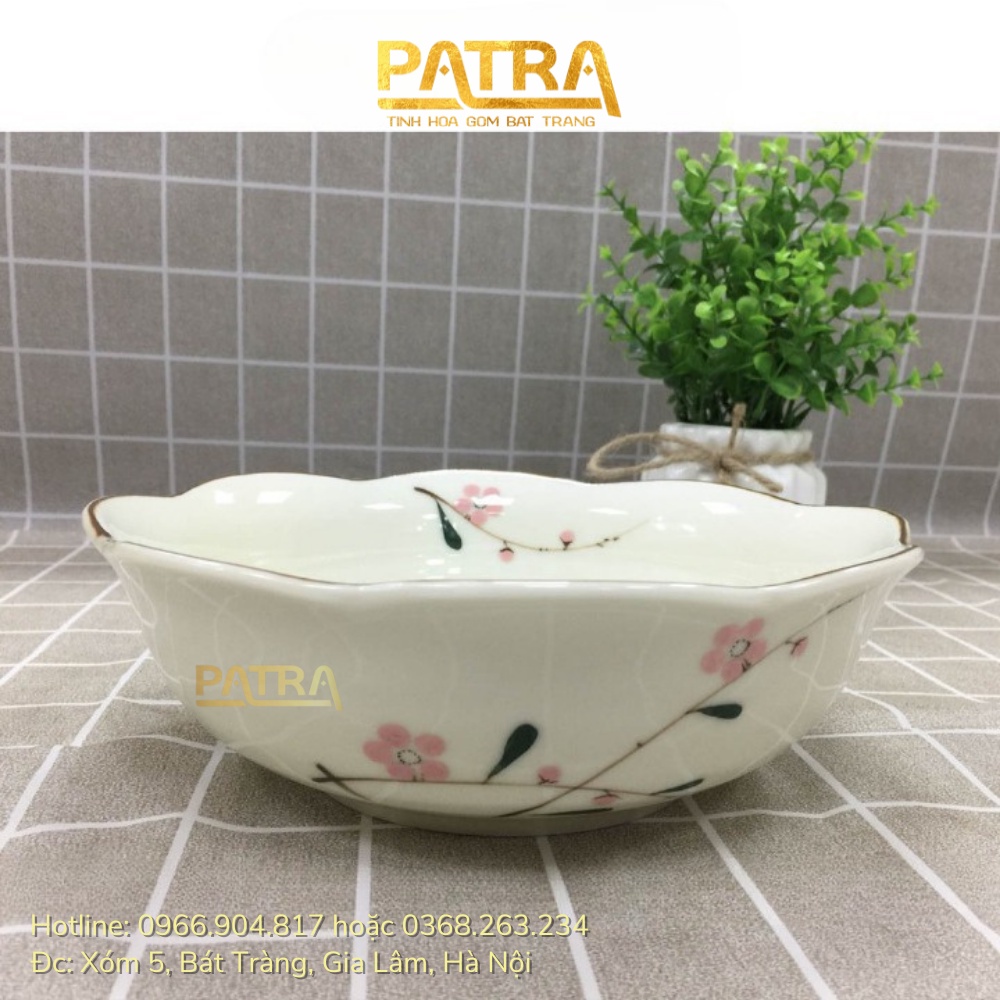 bộ bát đĩa hoa mặt trời, bát đĩa sứ men kem Bát Tràng họa tiết hoa đào thờ cúng gia tiên