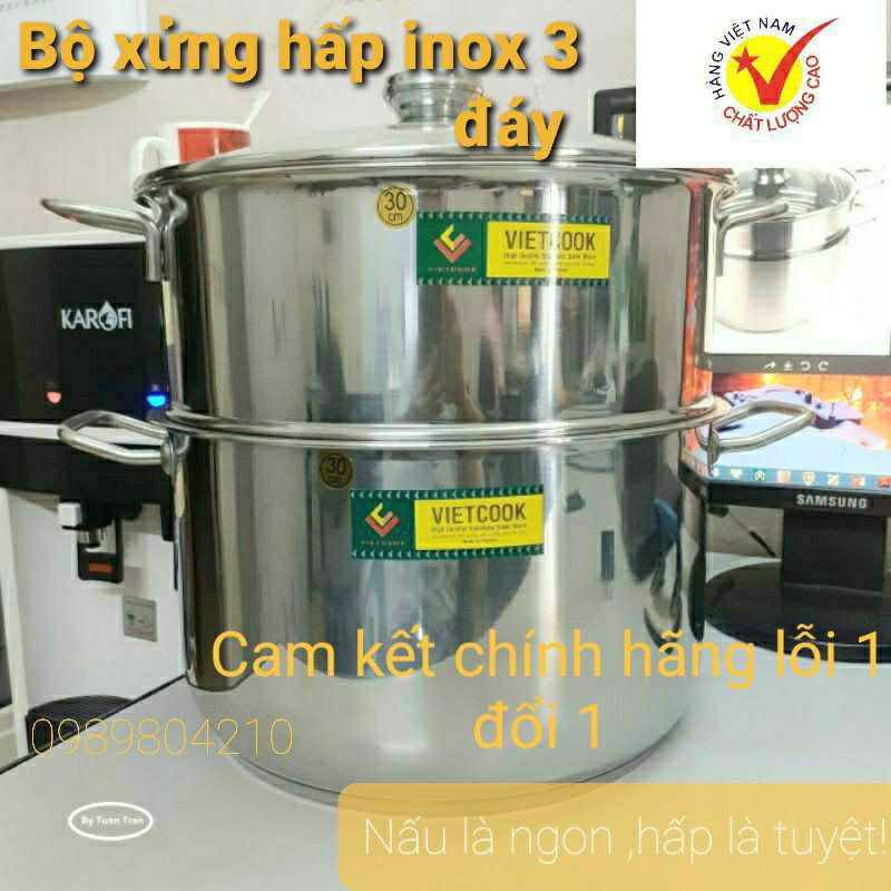 (Video SP)Bộ nồi xửng hấp inox ,xửng hấp inox 2 tầng 3 đáy nắp kính,nắp inox  VietCook đun bếp từ  size 24,26,28,30,32