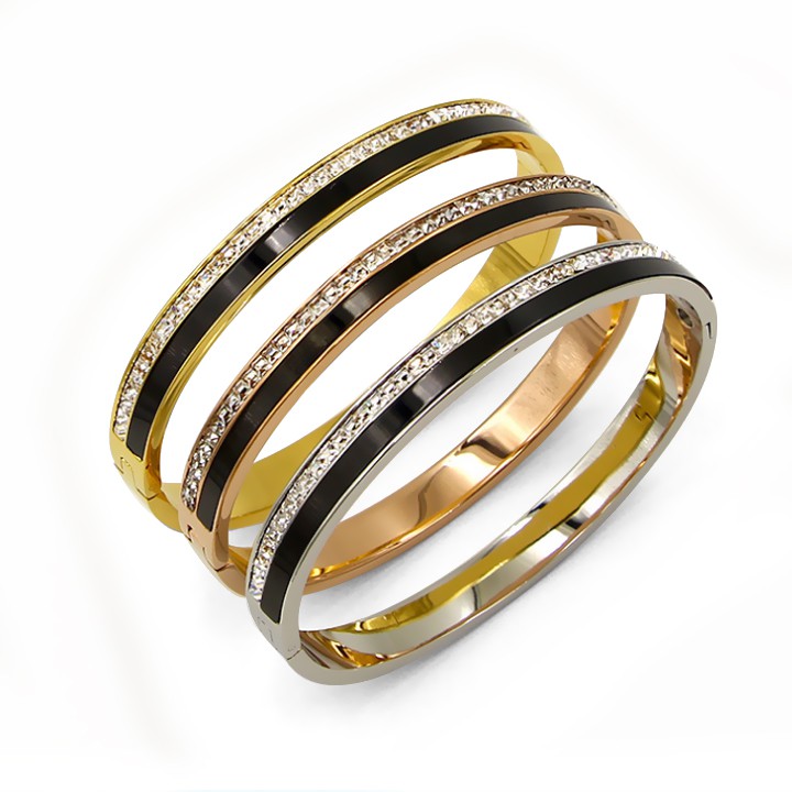 Vòng tay nữ titan cao cấp 1 hàng đá trắng kết hợp 1 hàng đen siêu đẹp, bền màu, hợp thời trang