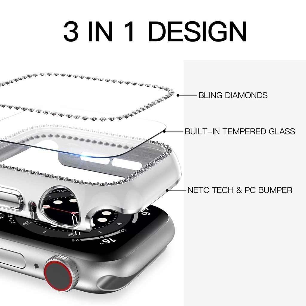 Ốp bảo vệ màn hình đính kim cương nhân tạo cho Apple Watch 44mm 40mm dòng 6 5 4 3 Se 2