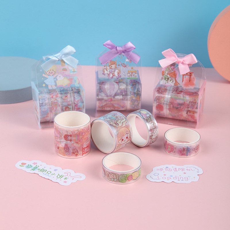 Set Băng Keo Cute Mini PVC Trong Suốt Trang Trí, Hộp Gift Box Dễ